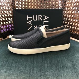 Black, perforated leather slip on sneakers, 9.5N